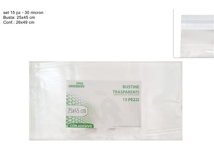 BUSTINE TRASPARENTE 15pz 25x45cm CON ADESIVO 058749 40842