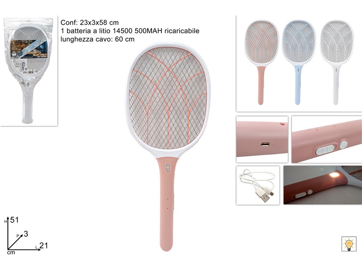 RACCHETTA ZANZARE RICARICABILE CON LUCE CON CAVO 667910 40142