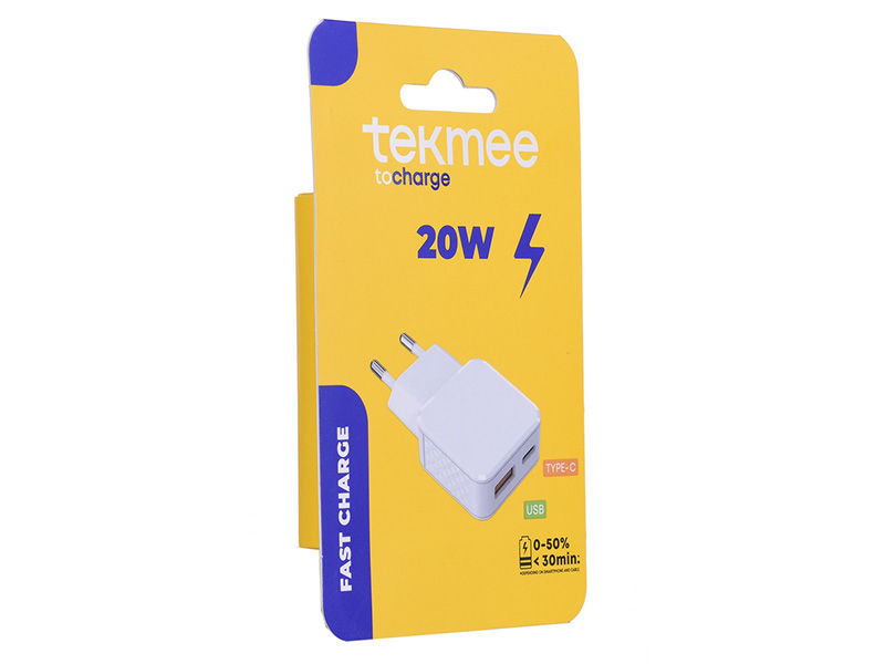TEKMEE 40W 1M TYPE C - TYPE C LASER CABLE 20 W 2 PORTS C + USB SLIM CHARGER 41187