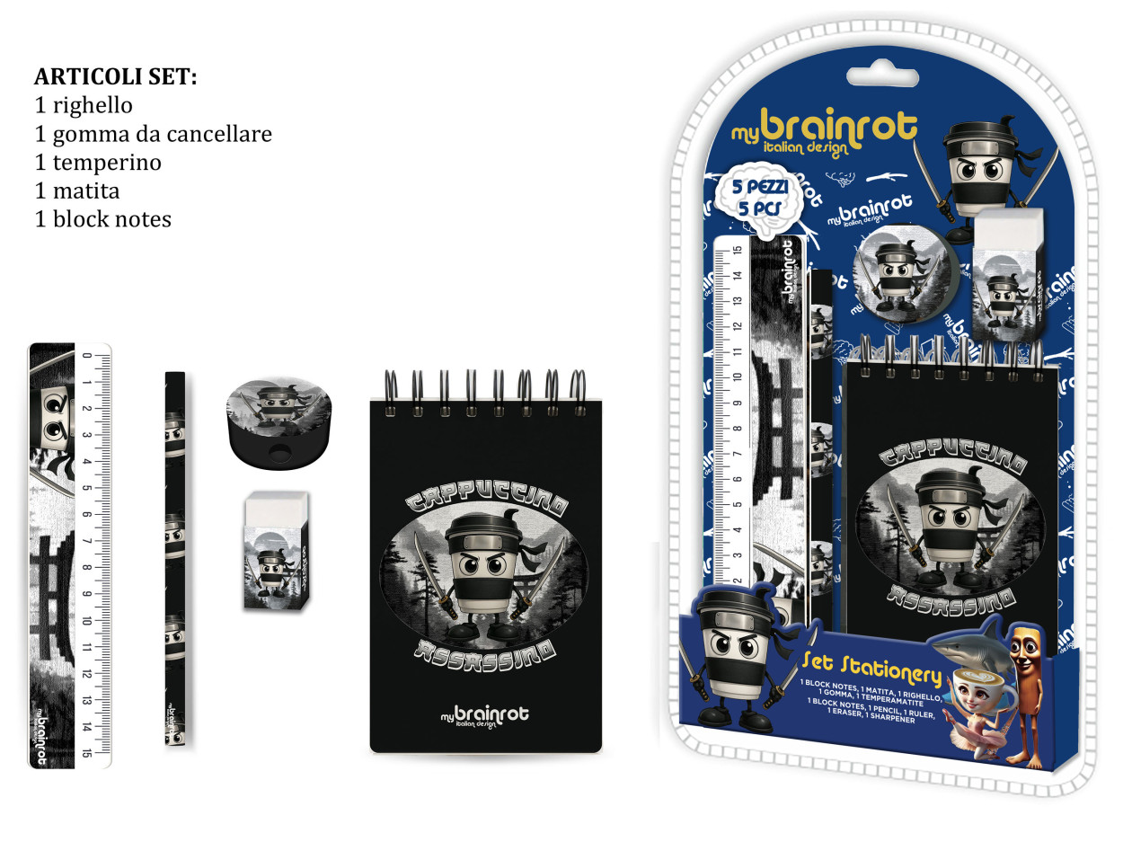 X14073 MC SET REGALO CANCELLERIA 5pz BRAINROT 40002