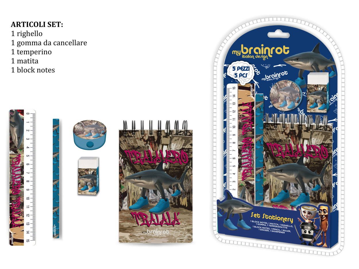X14075 MC SET REGALO CANCELLERIA 5pz BRAINROT 40002