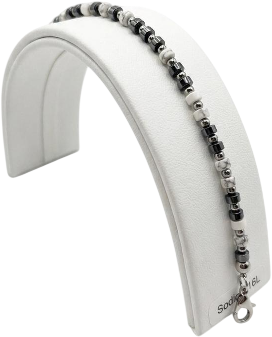 ACBR2170 BRACCIALE SFERE ACCIAIO E CILINDRI PIETRA BIANCA 52533