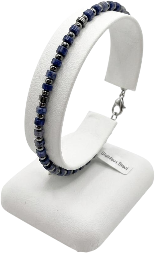 ACBR2173 BRACCIALE SFERE ACCIAIO E CILINDRI PIETRA BLU 52533