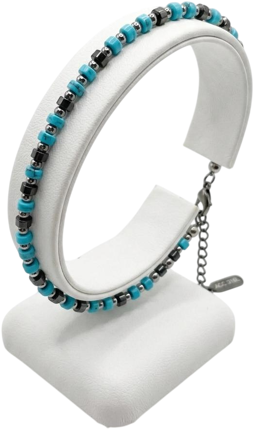ACBR2169 BRACCIALE SFERE ACCIAIO E CILINDRI PIETRA TURCHESE 52533