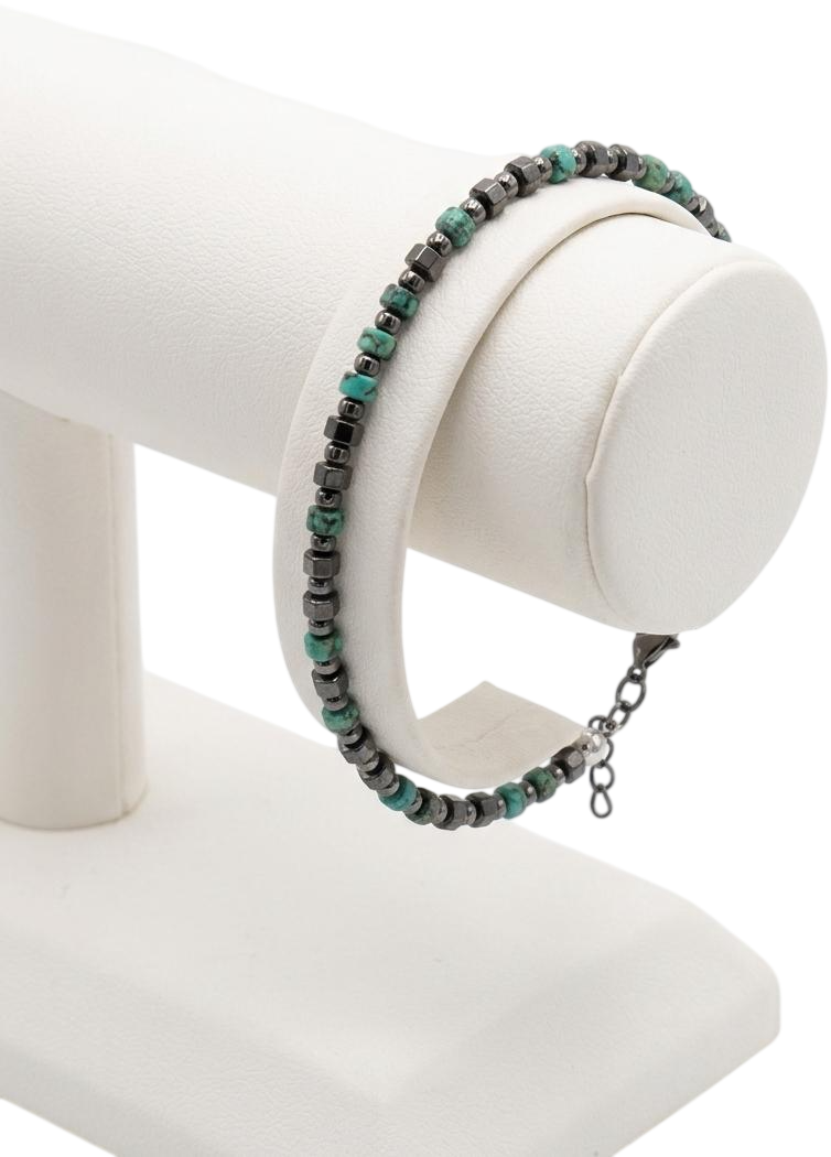 ACBR2174 BRACCIALE SFERE ACCIAIO E CILINDRI PIETRA VERDE 52533