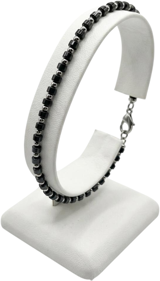 ACBR2172 BRACCIALE SFERE ACCIAIO E CILINDRI PIETRA NERA 52533