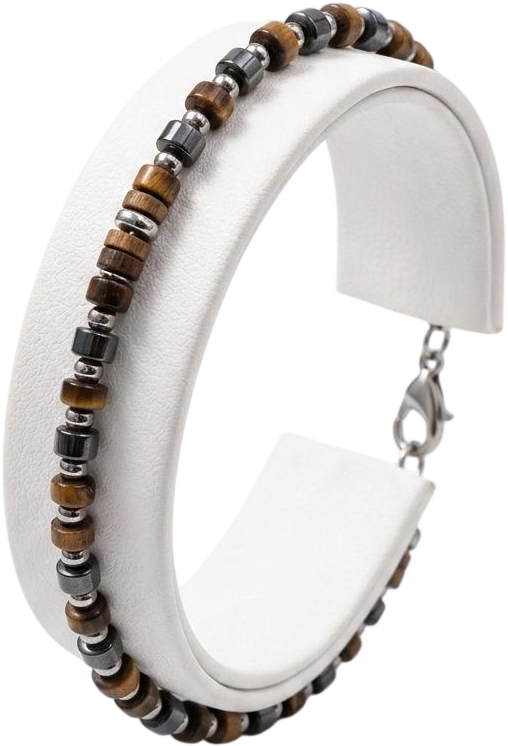 ACBR2171 BRACCIALE SFERE ACCIAIO E CILINDRI PIETRA OCCHIO DI TIGRE 52533
