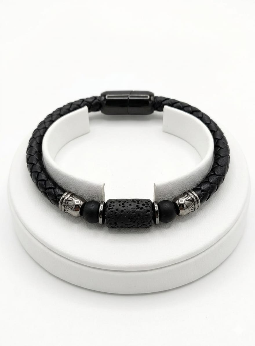 ACBR2345 BRACCIALE ECOPELLE CON CILINDRO IN PIETRA LAVICA 52533
