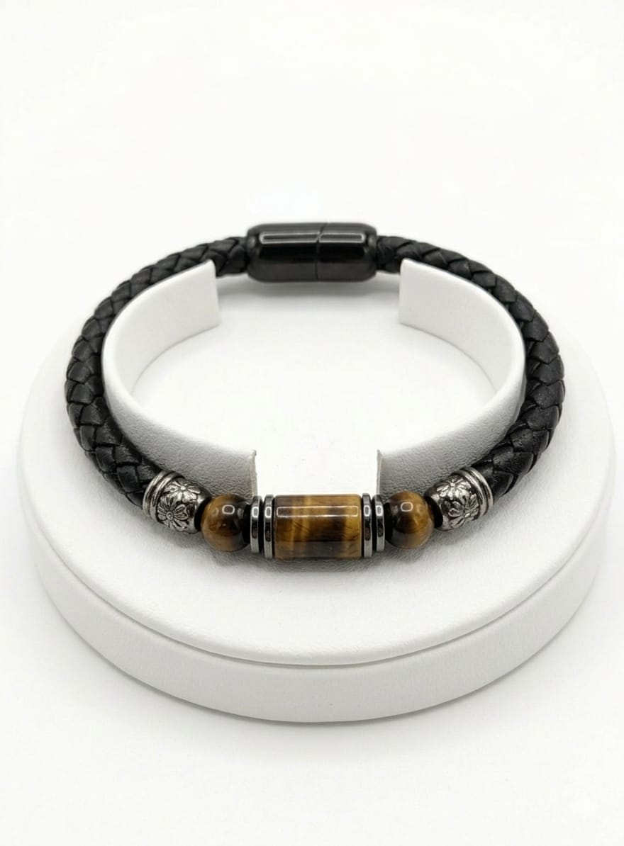 ACBR2344 BRACCIALE ECOPELLE CON CILINDRO CENTRALE E OCCHIO DI TIGRE 52533