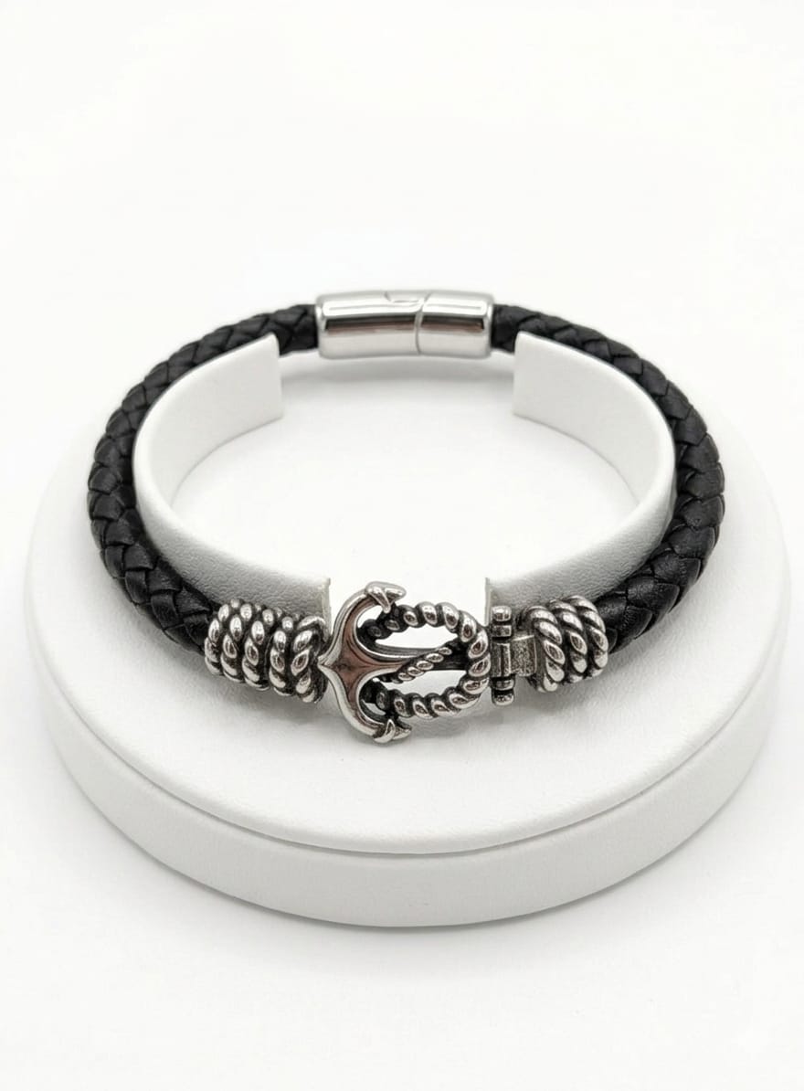 ACBR2356 BRACCIALE ECOPELLE ANCORA CENTRALE ACCIAIO 52533