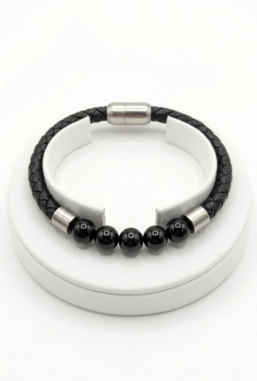 ACBR2347 BRACCIALE ECOPELLE 4 SFERE AGATA NERA 52533