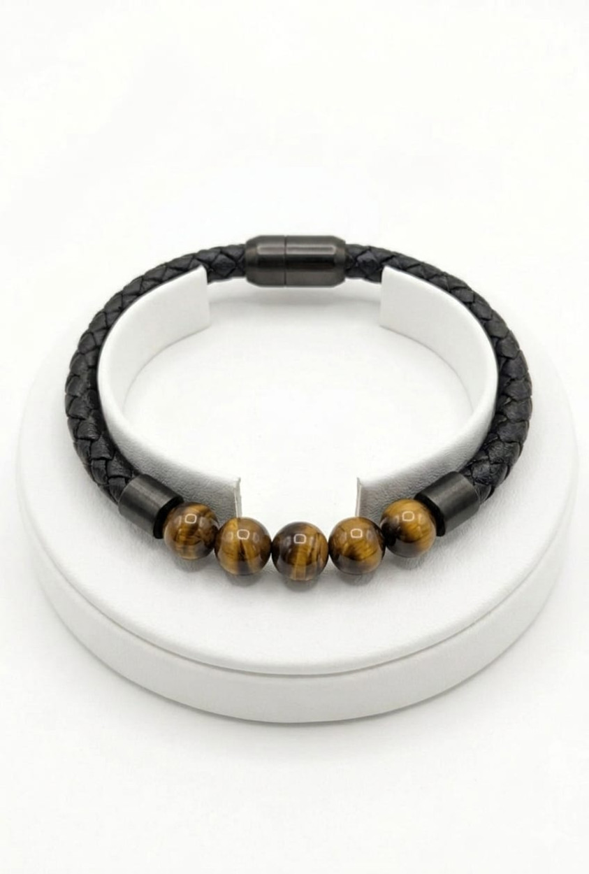 ACBR2348 BRACCIALE ECOPELLE 4 SFERE OCCHIO DI TIGRE 52533