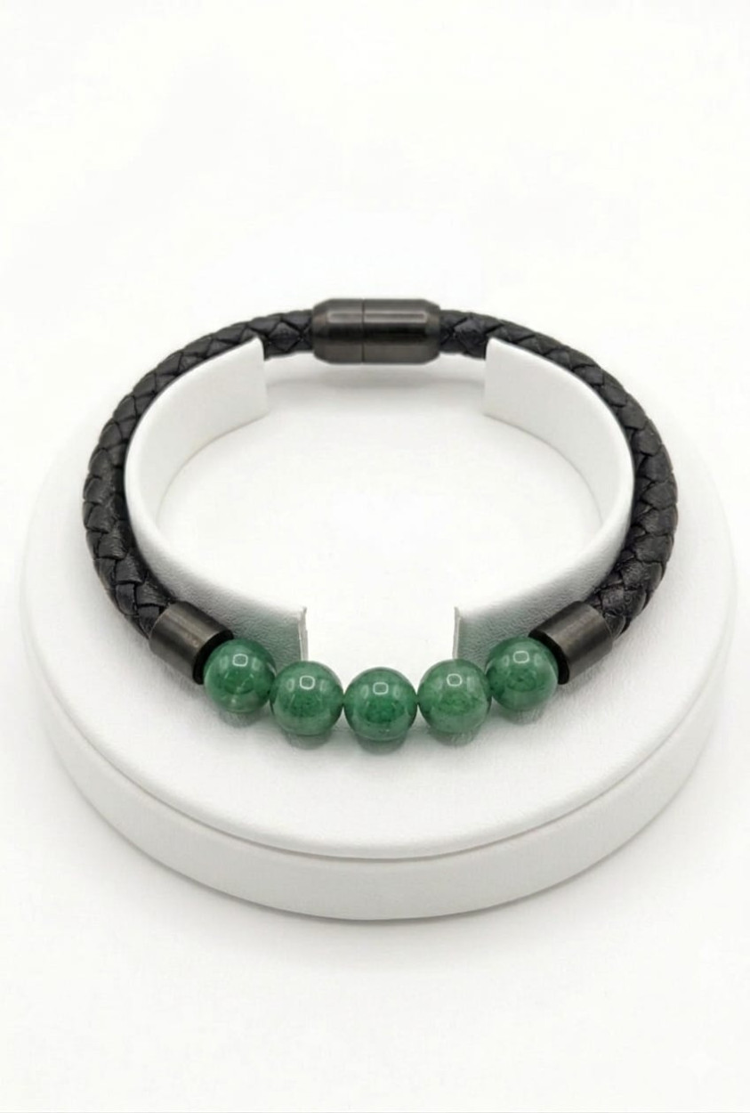ACBR2349 BRACCIALE ECOPELLE 4 SFERE AGATA VERDE 52533