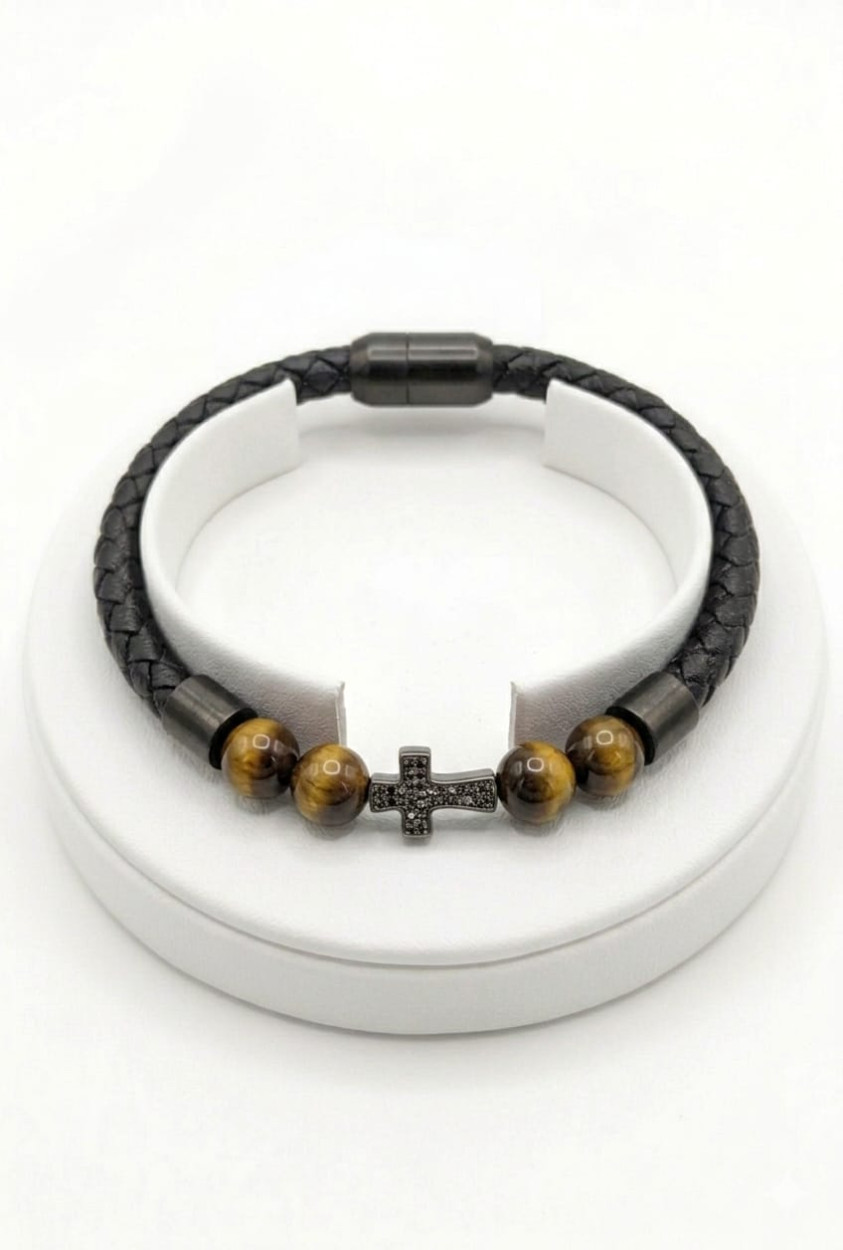 ACBR2343 BRACCIALE ECOPELLE CON CROCE E PIETRE 52533