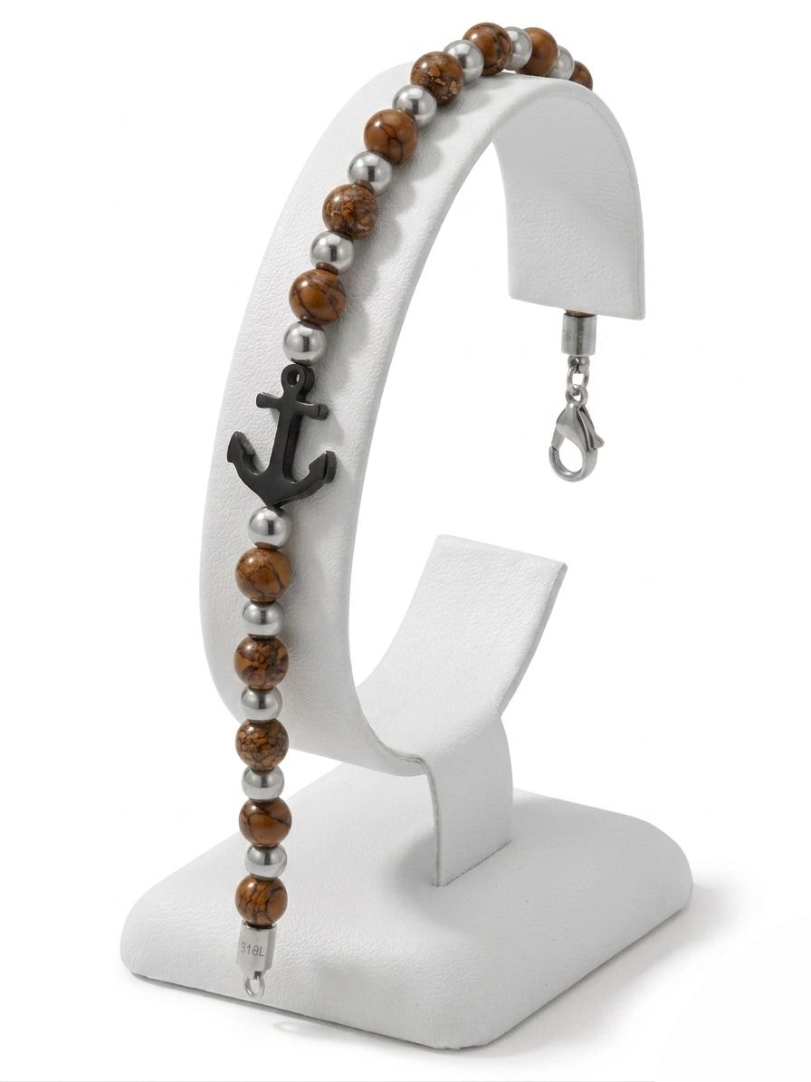 ACBR2004 BRACCIALE ACCIAIO ANCORA SFERE MARRONE 52533