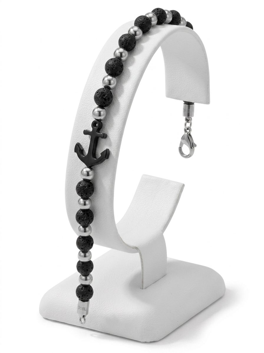 ACBR2003 BRACCIALE ACCIAIO ANCORA SFERE NERE 52533