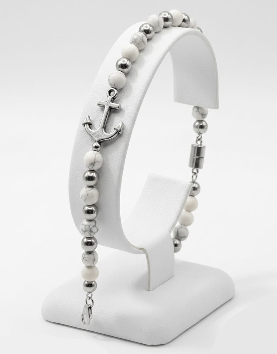 ACBR2002 BRACCIALE ACCIAIO ANCORA SFERE BIANCHE 52533