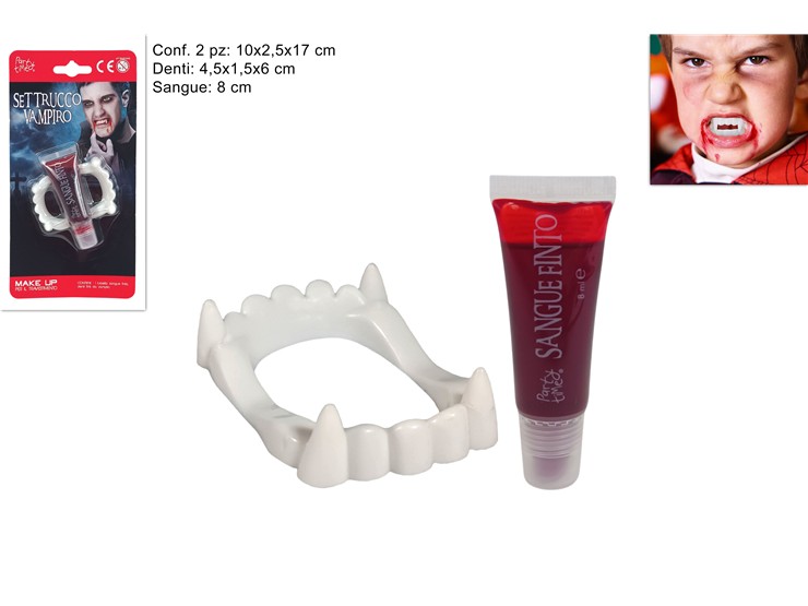 DENTI DRACULA CON SANGUE FINTO SCHERZO CARNEVALE 231372 40649