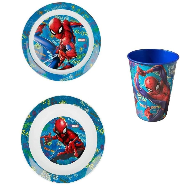 SB156SP SPIDERMAN TRIS 3pz PIATTO PIANO + PIATTO FONDO + BICCHIERE 41401