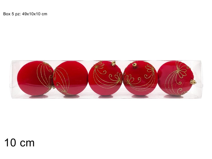 PALLA 10cm EFFETTO VELLUTO ROSSO CON GLITTER SET 5pz 489100 40649