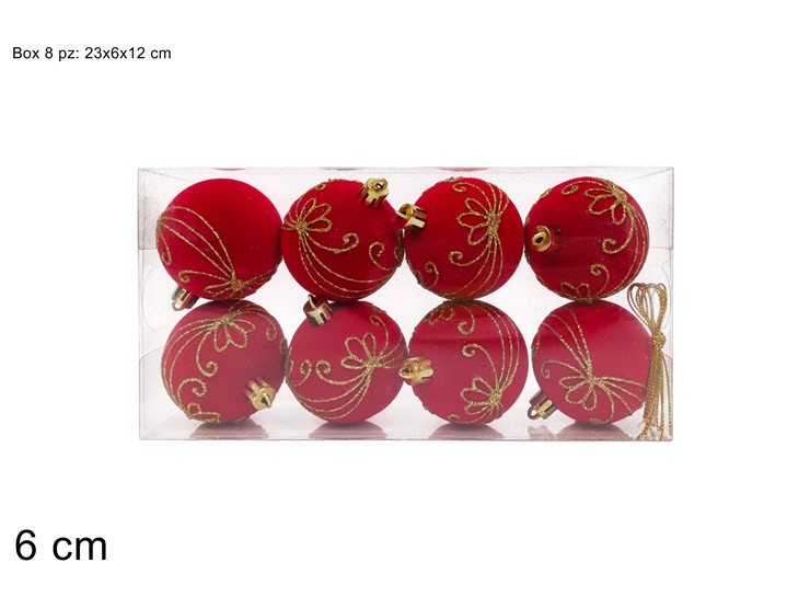 PALLA 6cm EFFETTO VELLUTO ROSSA CON GLITTER SET 8pz 489032 40649