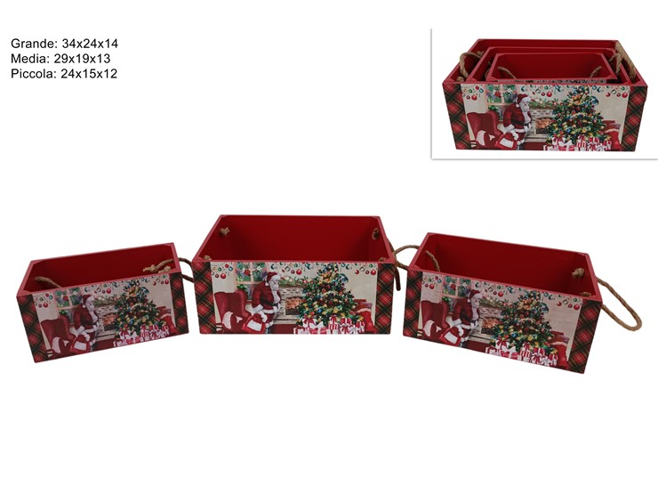 CASSETTE LEGNO 3pz DECORO BABBO NATALE CON ALBERO 458885 40649