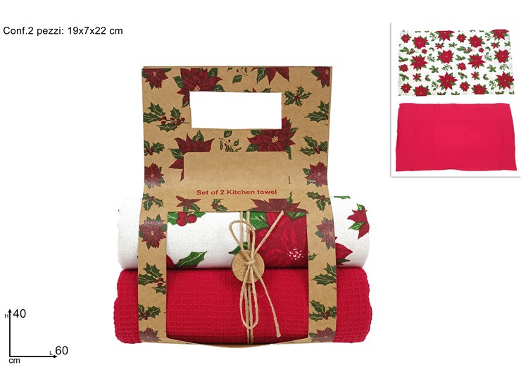 TOVAGLIETTA CUCINA NATALIZIA IN COTONE 40x60cm SET 2pz DECORO ROSSO 449999 40649