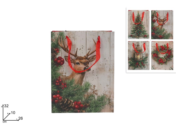 BUSTA REGALO 26x32x10cm SCENARIO NATALIZIO EFFETTO LEGNO 445212 40649