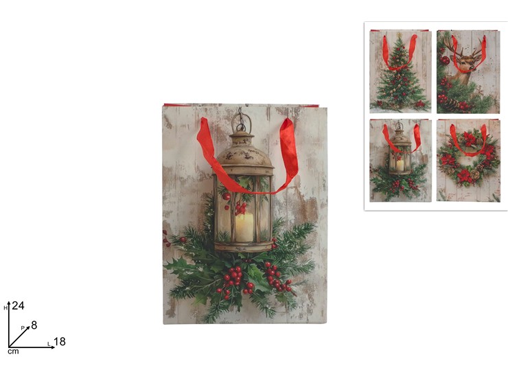 BUSTA REGALO 18x24x8cm SCENARIO NATALIZIO EFFETTO LEGNO 445175 40649
