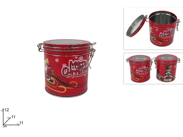 SCATOLA LATTA TONDA TAPPO CON GANCIO DECORO NATALIZIO 444291 40649