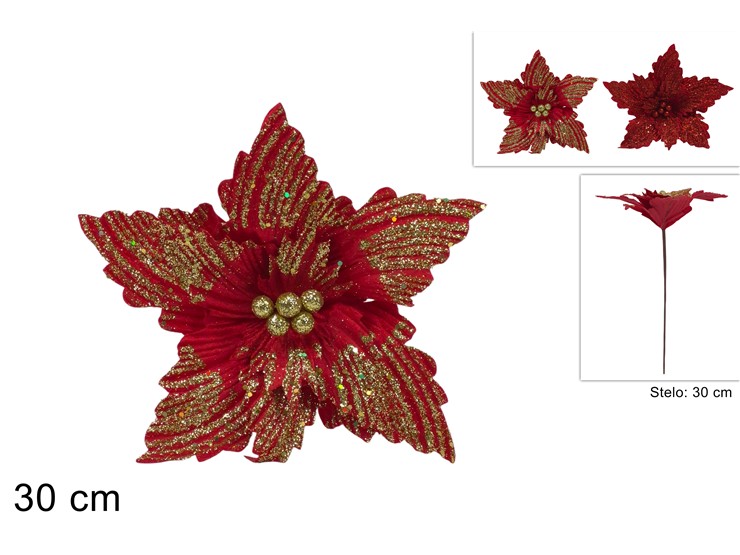 STELO FIORE 30cm ROSSO VELLUTO CON PAILLETTES GLITTERATE 370682 40649