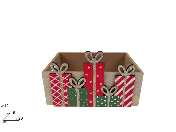 CASSETTA IN LEGNO CON PACCHI REGALO 20x15cm 40649