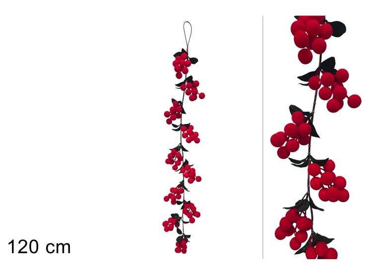 GHIRLANDA 120cm CON BACCHE EFFETTO VELLUTO ROSSE CON FOGLIE VELLUTO VERDE 475684 40649