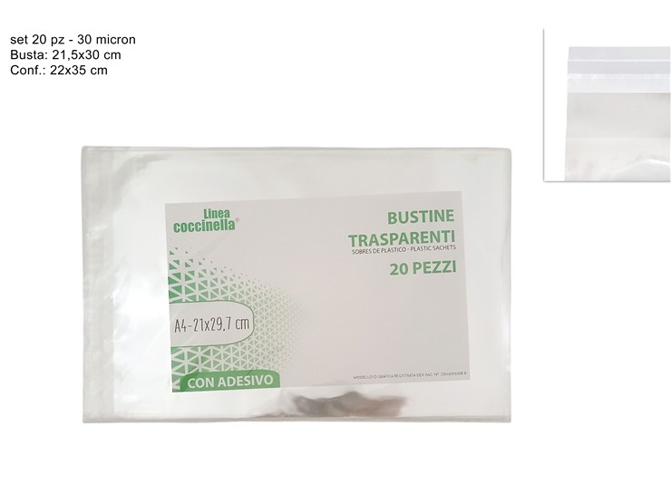 BUSTINE TRASPARENTI 20pz 30my A4 CON ADESIVO 374481 40842