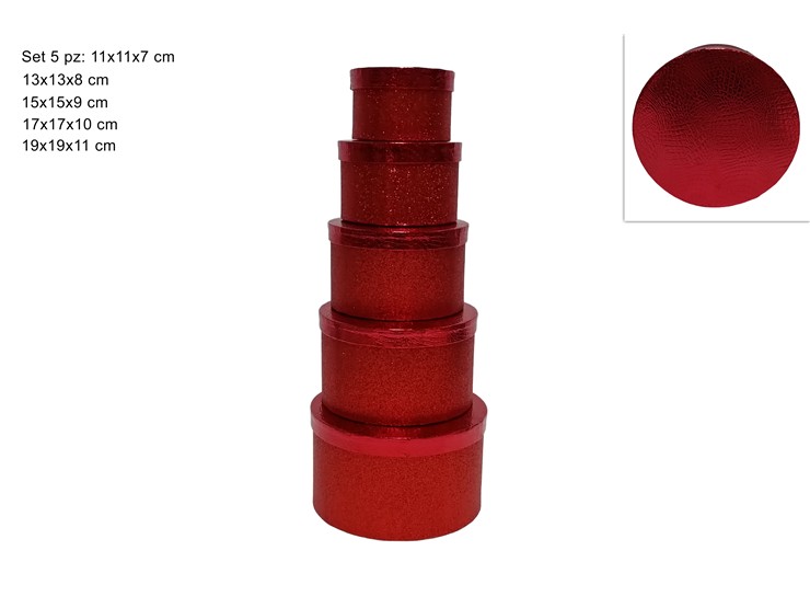 SCATOLE TONDE SET 5pz EFFETTO GLITTER ROSSO 302928 40649