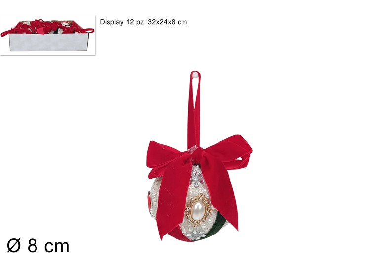 PALLA 8cm CON PERLINE CON FIOCCO ROSSO/VERDE 474649 40649