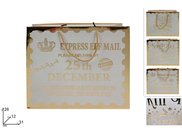 BUSTE REGALO ORIZZONTALE BIANCA SCRITTA NATALIZIA ORO 31x26x12cm 390802 40649