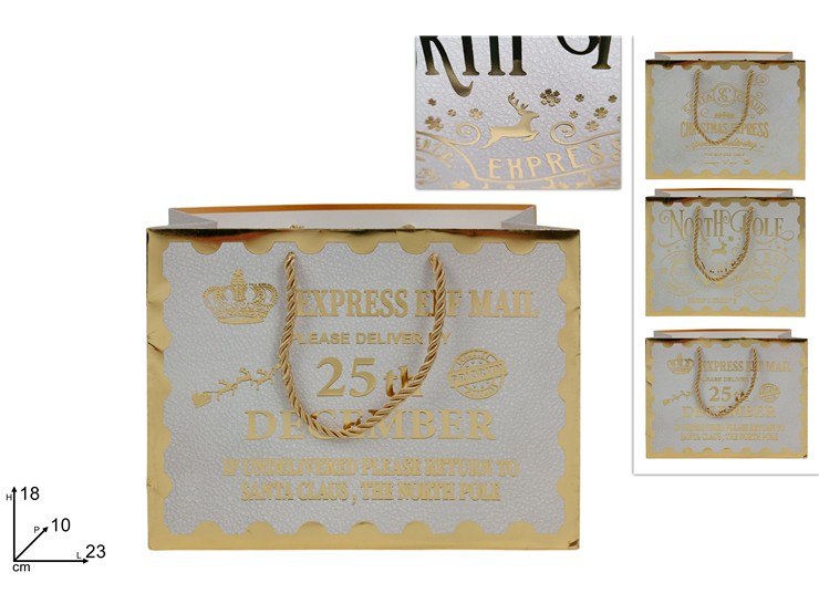 BUSTA REGALO ORIZZONTALE BIANCA SCRITTA NATALIZIA ORO 23x18x10cm 390796 40649