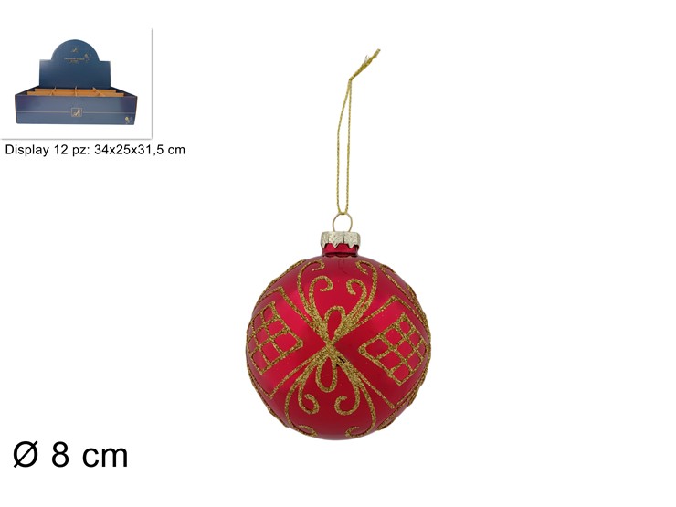 PALLA VETRO 8cm ROSSA DECORATA CON GLITTER ORO 340203 40649