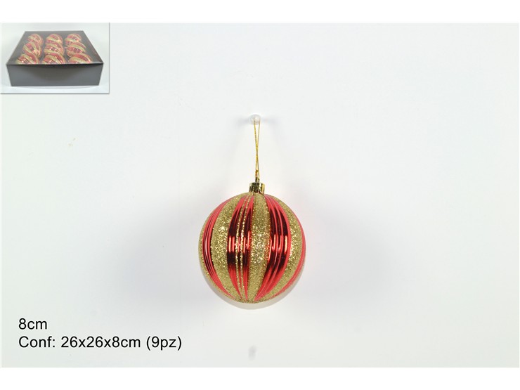 PALLE 8cm 9pz ROSSE CON GLITTER ORO 937521 40649