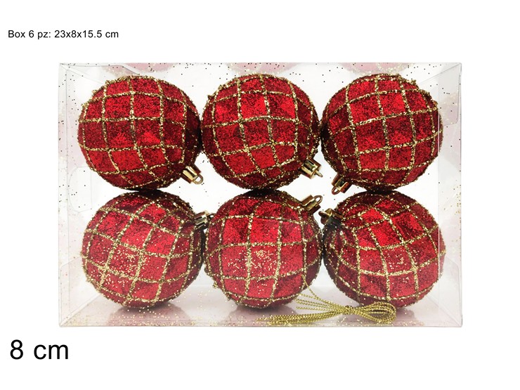 PALLA 8cm GLITTERATA ROSSA DECORO ROMBI SET 6pz IN BOX PVC 489766 40649