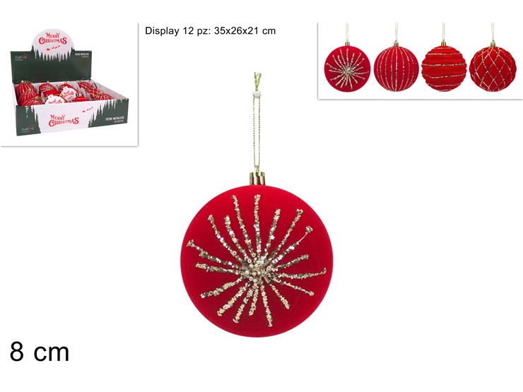 PALLA 8cm VELLUTO ROSSO CON GLITTER ORO 455020 40649
