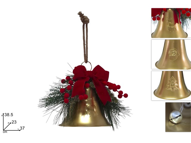 CAMPANA ORO CON FIOCCO ROSSO VELLUTO E BACCHE ROSSE FLOCCATE 443133 40649