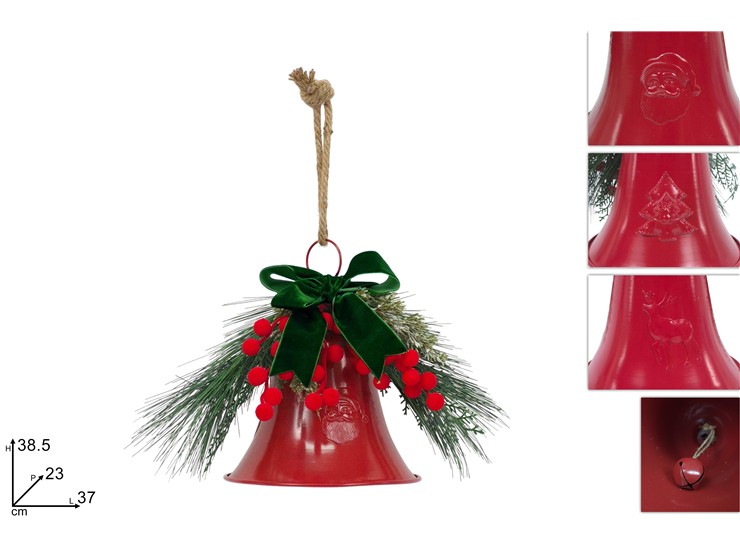 CAMPANA ROSSA CON FIOCCO VERDE VELLUTO E BACCHE ROSSE FLOCCATE 443119 40649