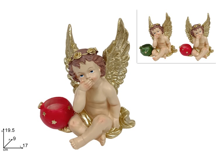ANGELO SEDUTO 19,5cm CON PORTATEALIGHT CON DECORO ORO 365046 40649