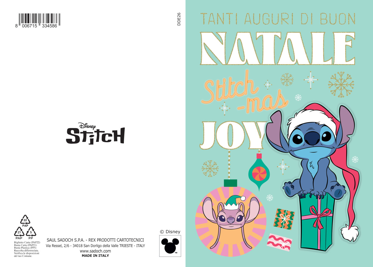 DDE26 BIGLIETTO NATALE STITCH CON FOIL E APPLICAZIONE 40689