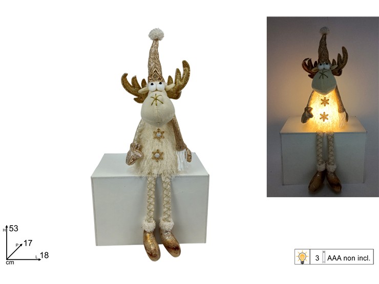 RENNA SEDUTA 53cm CON PELLICCIA CON DECORO ORO CON LUCE 380407 40649