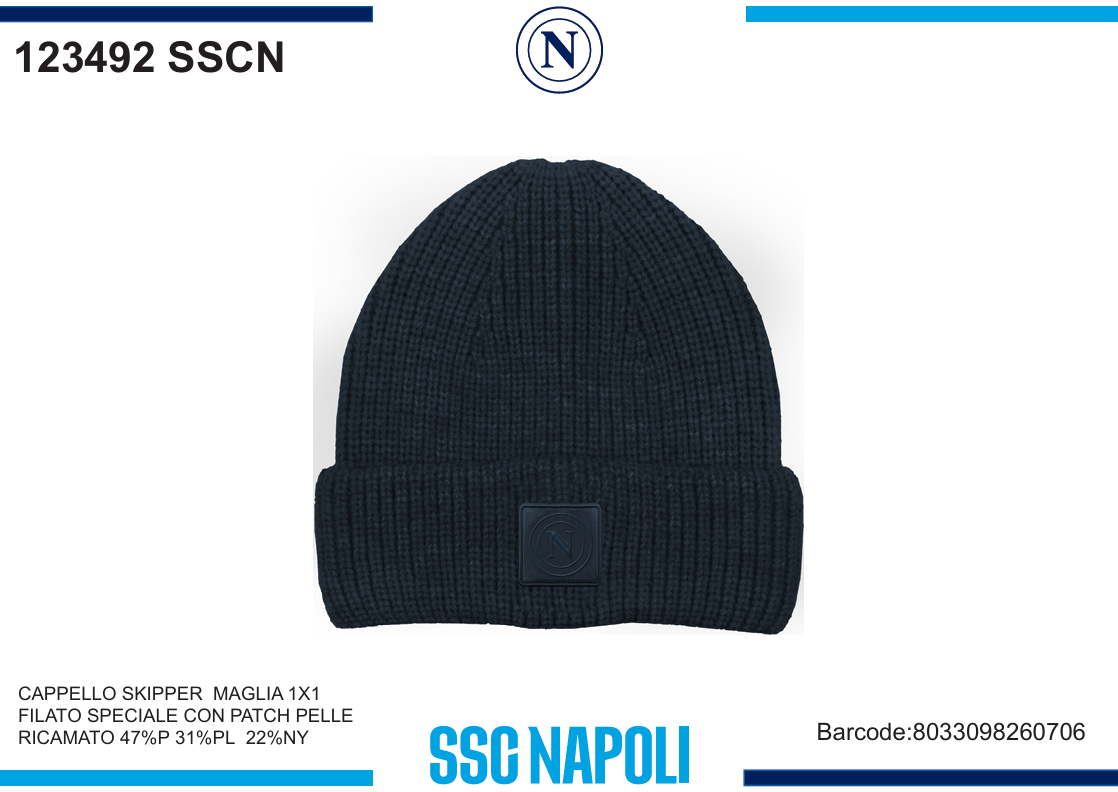 CAPPELLO SKIPPER BLUE PATCH PELLE RICAMATO SSC NAPOLI 123492 SSCN 40351