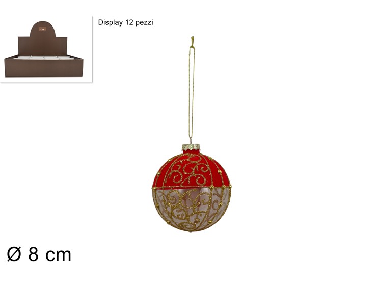 PALLA VETRO 8cm EFFETTO VELLUTO ROSSO CON DECORAZIONE GLITTER ORO 503868 40649