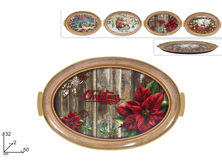 VASSOIO PLASTICA OVALE 50x32cm EFFETTO LEGNO DECORO NATALIZIO 449982 40649